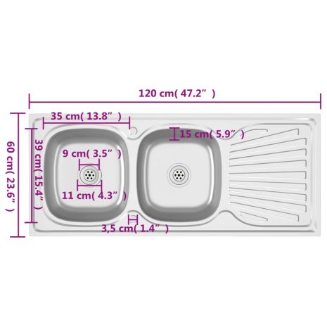 Νεροχύτης Διπλή Γούρνα Ασημί 1200x600x155 χιλ. Ανοξείδ. Ατσάλι